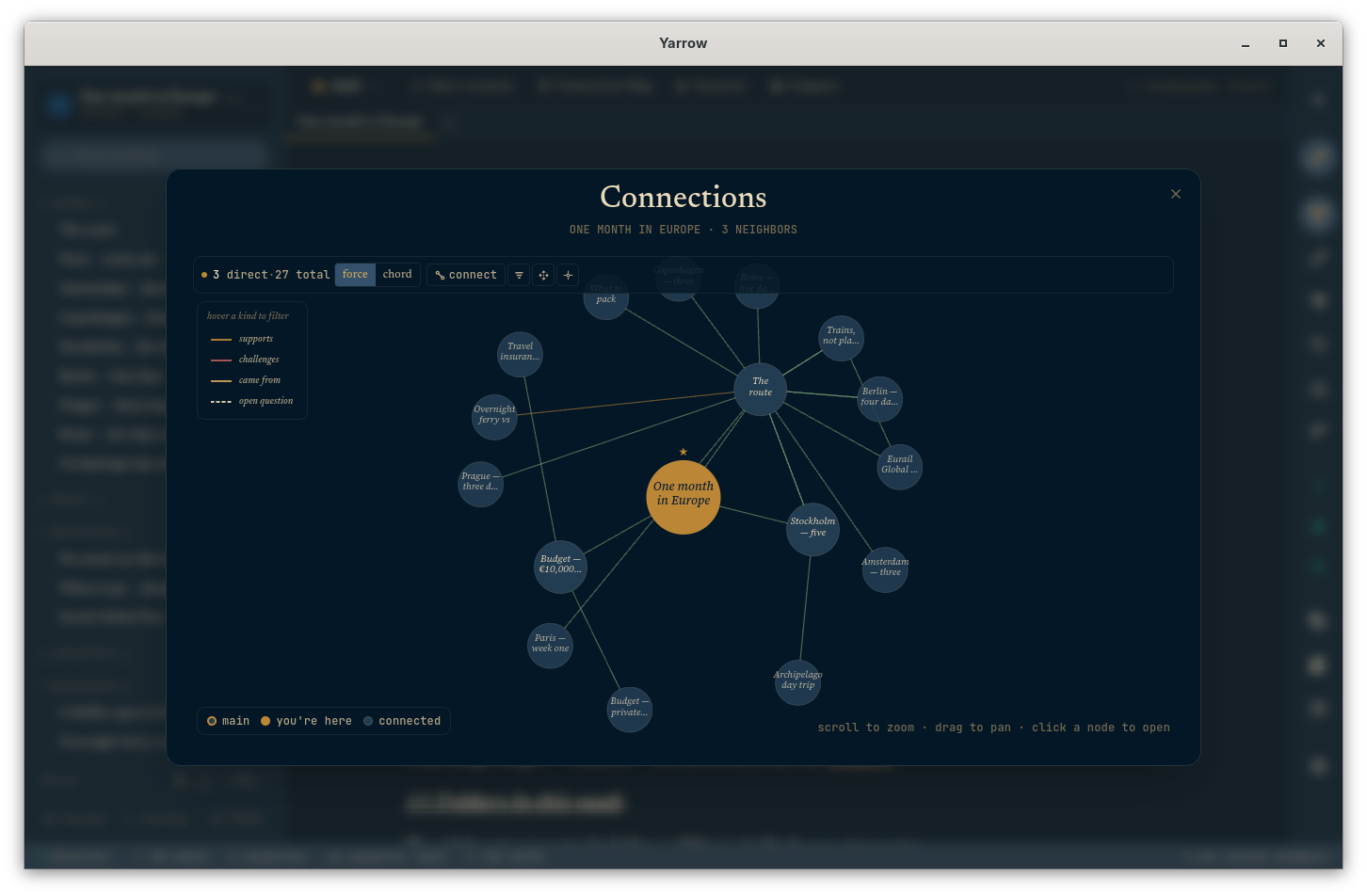 The Connections graph showing typed links and a clustered force layout.