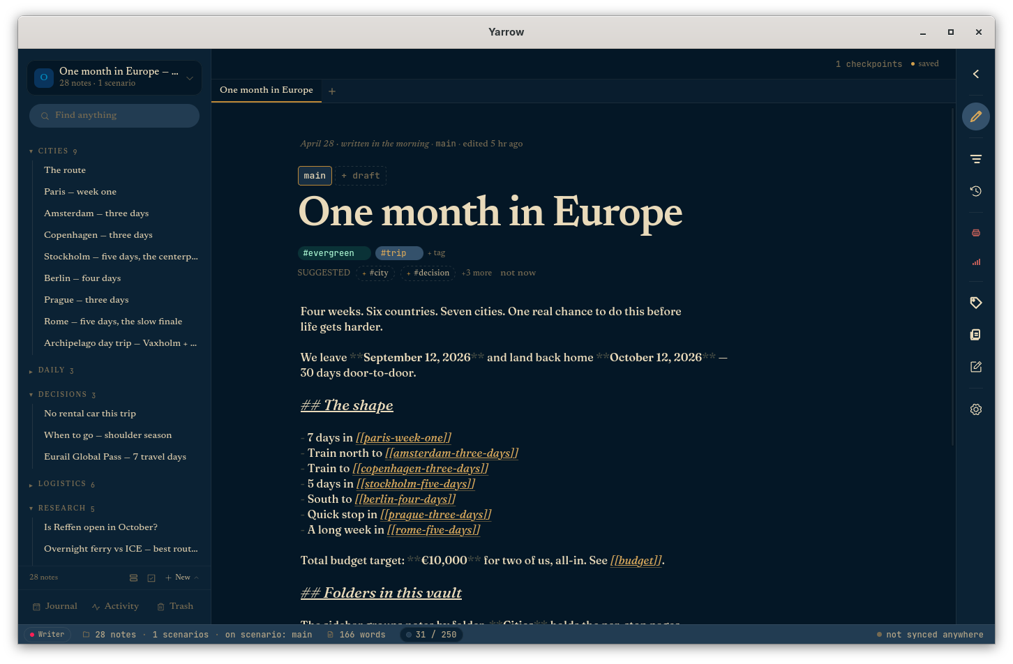 The main editor view — sidebar, note, and right rail in the Workshop theme.