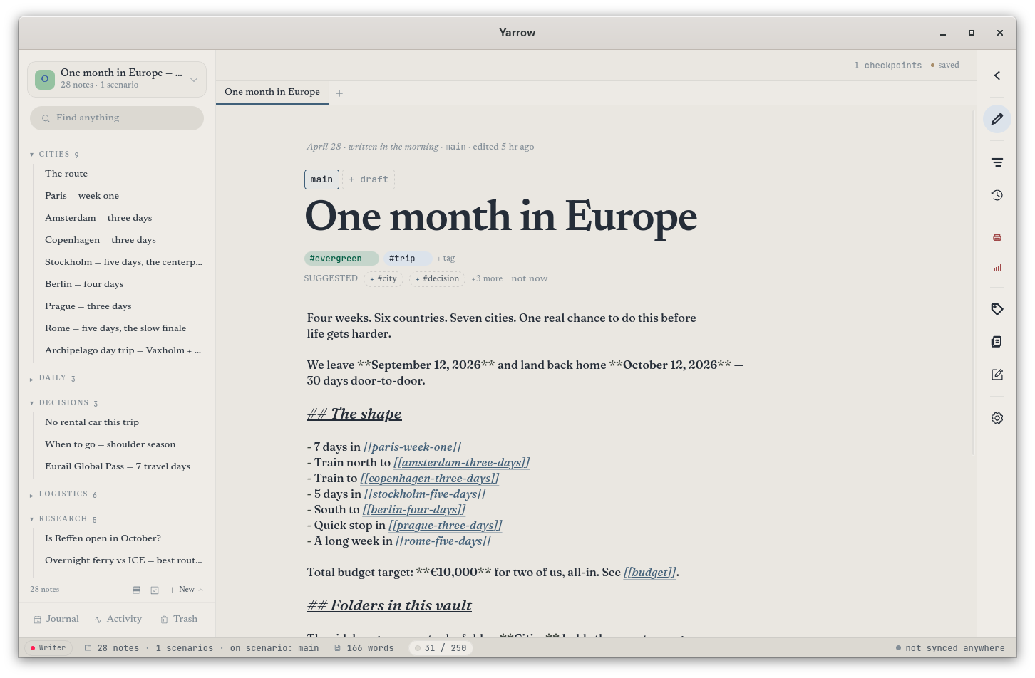 A screenshot of the main Yarrow window — sidebar on the left, editor in the middle, tool-rail on the right.